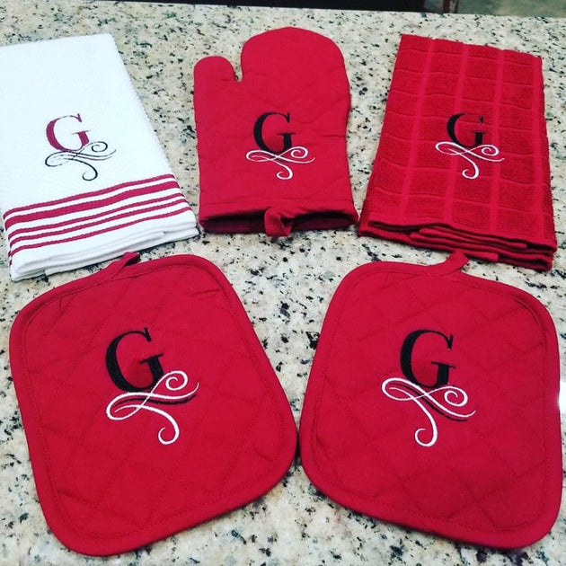 Monogrammed Kitchen Towels, Oven Mitts and Pot Holder Embroidered