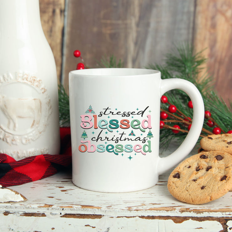 Stressed Blessed Christmas Obsessed Retro Mug | Christmas Mug