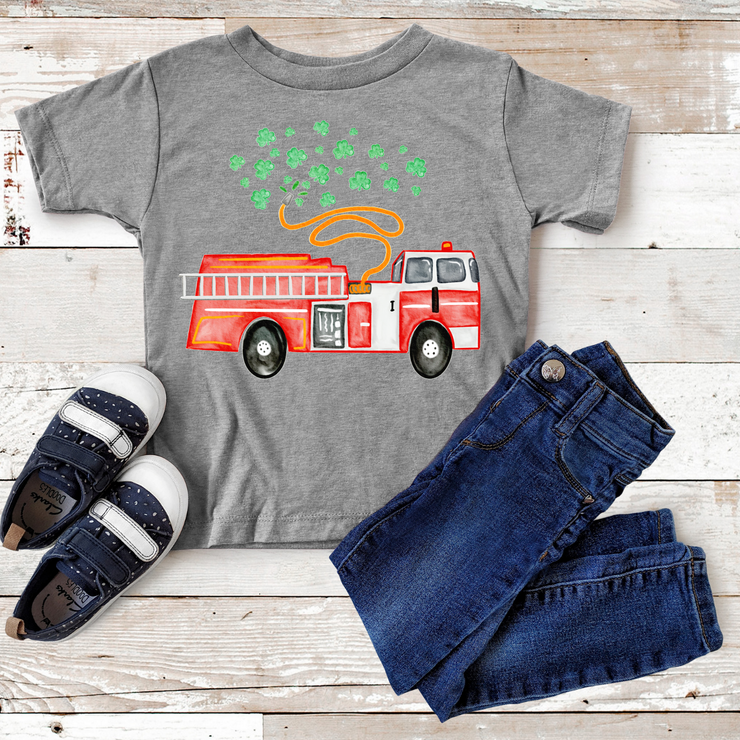 RED FIRETRUCK WITH CLOVERS ST. PATRICK'S DAY TOP | KIDS SHIRT