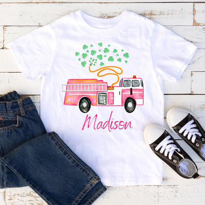 PINK FIRETRUCK WITH CLOVERS ST. PATRICK'S DAY TOP | KIDS SHIRT